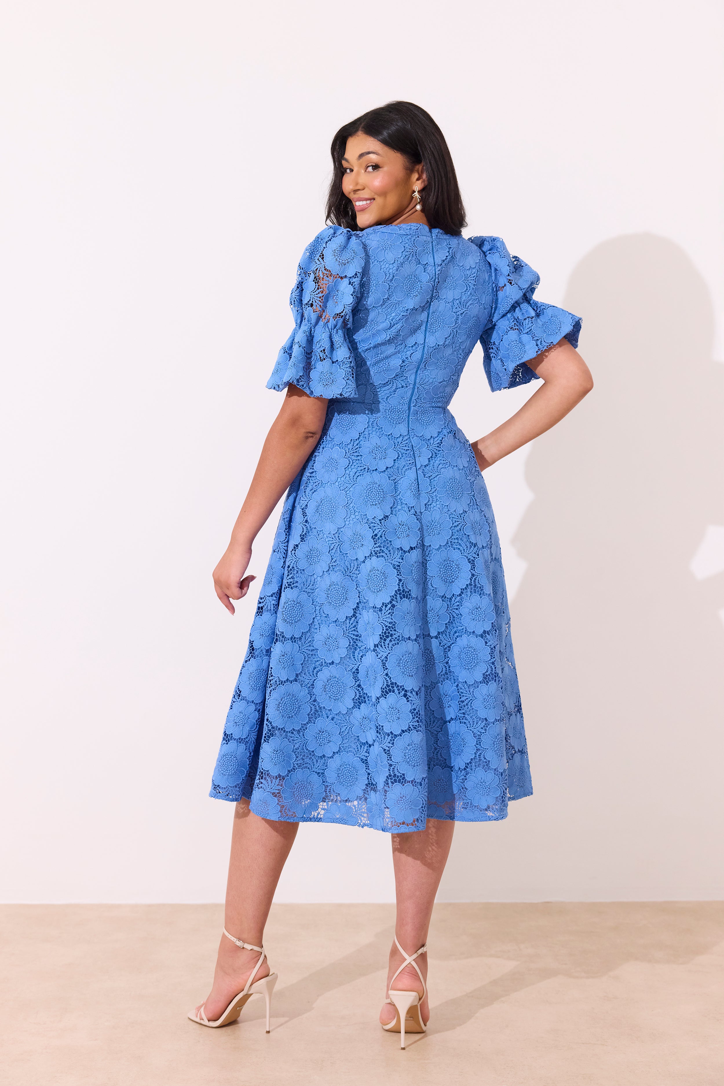 CALLIE CROCHET LACE MIDI DRESS - CORNFLOWER BLUE
