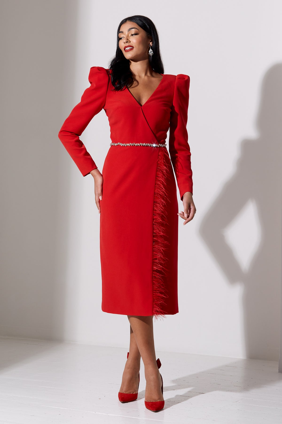 VIVIENNE FEATHER TRIM PUFF SLEEVE DRESS - RED