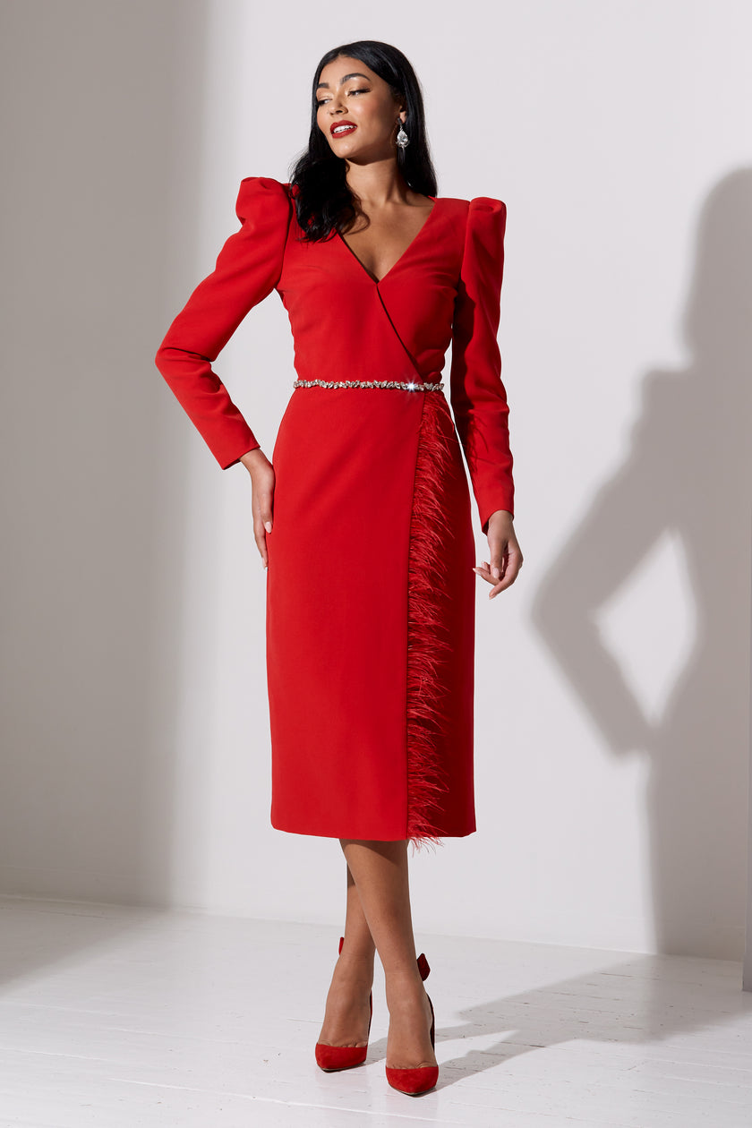 VIVIENNE FEATHER TRIM PUFF SLEEVE DRESS - RED