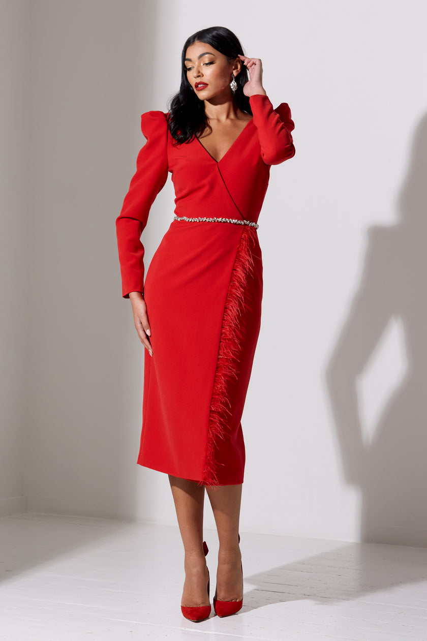 VIVIENNE FEATHER TRIM PUFF SLEEVE DRESS - RED