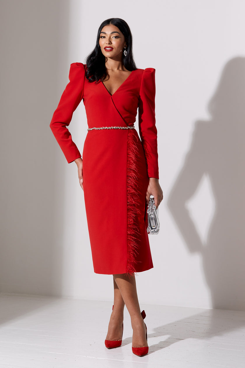 VIVIENNE FEATHER TRIM PUFF SLEEVE DRESS - RED