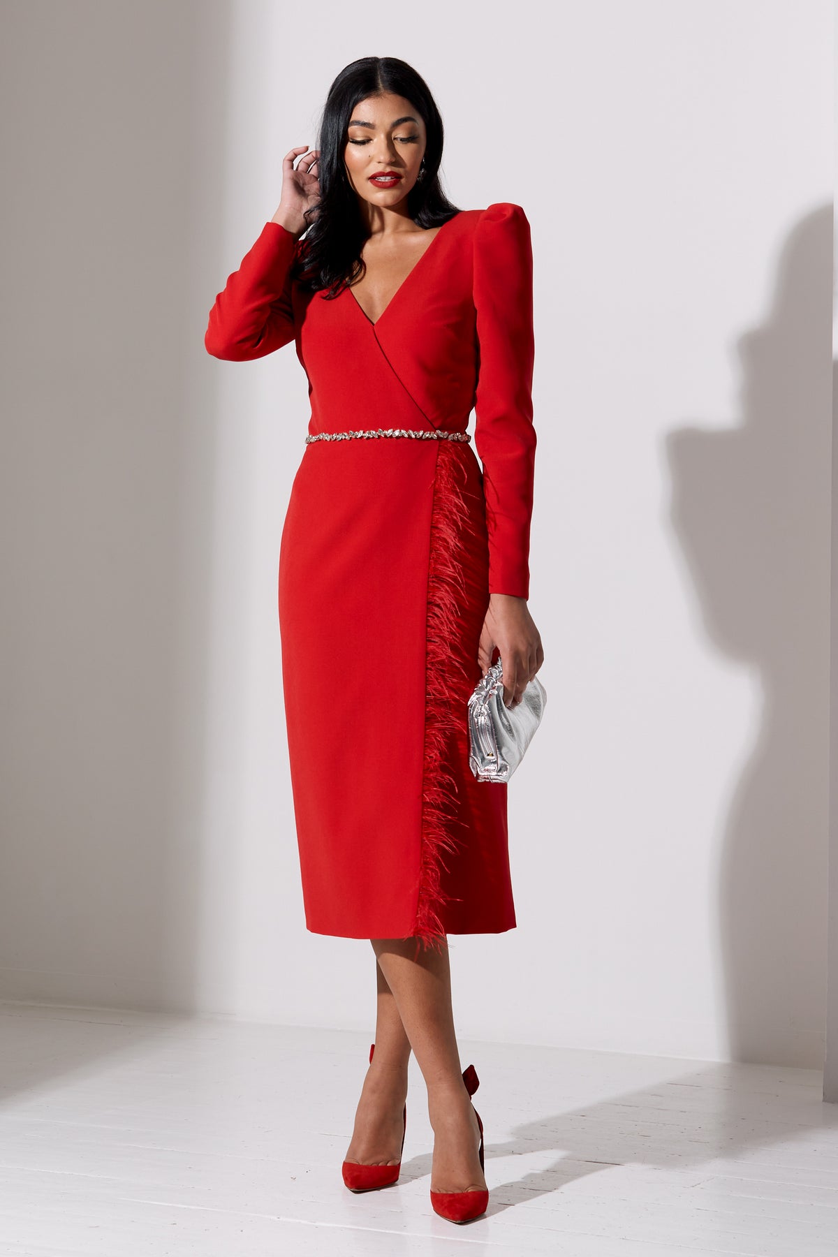 VIVIENNE FEATHER TRIM PUFF SLEEVE DRESS - RED
