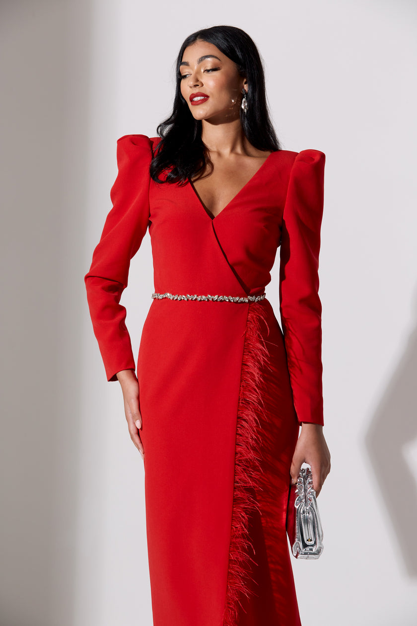 VIVIENNE FEATHER TRIM PUFF SLEEVE DRESS - RED