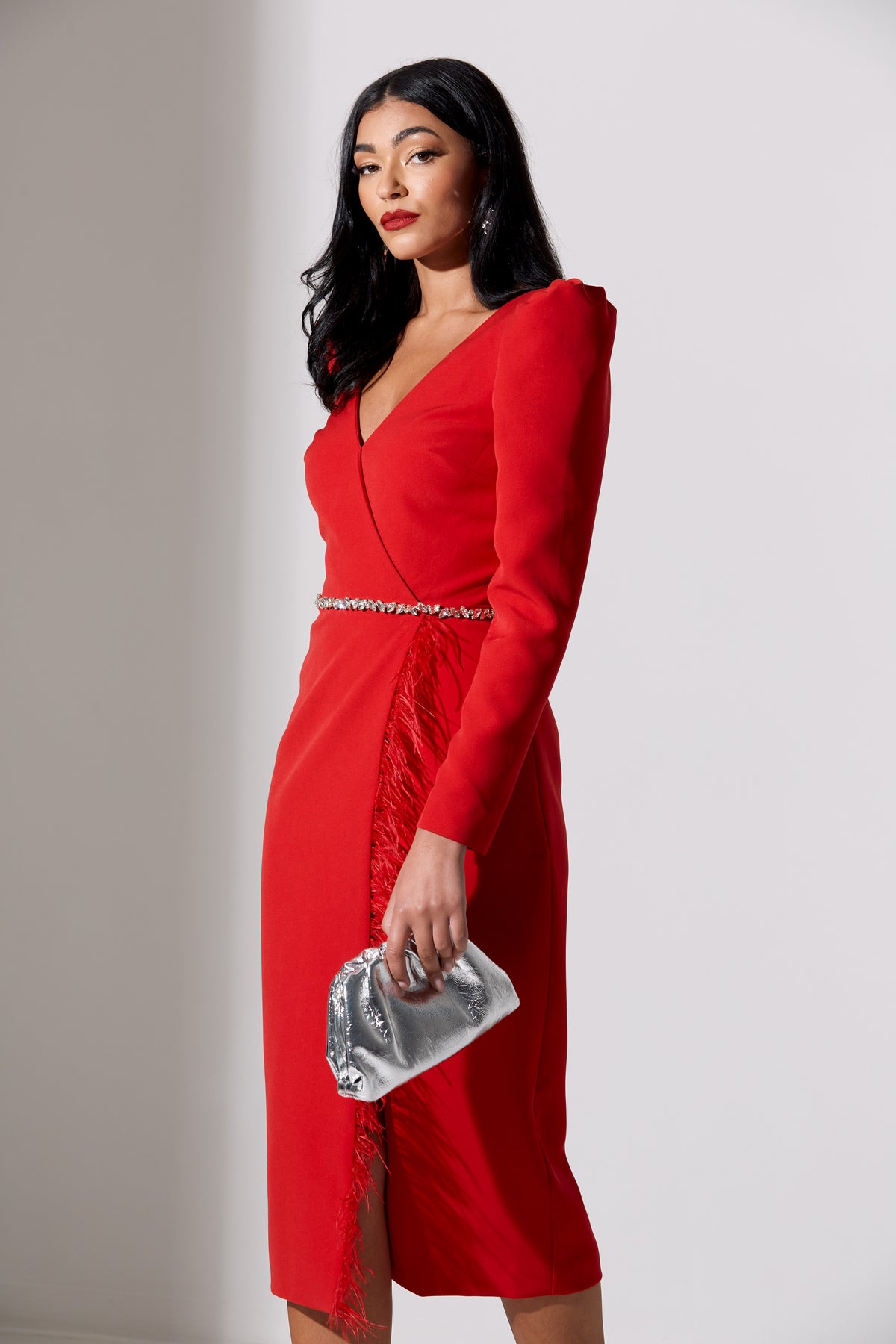VIVIENNE FEATHER TRIM PUFF SLEEVE DRESS - RED