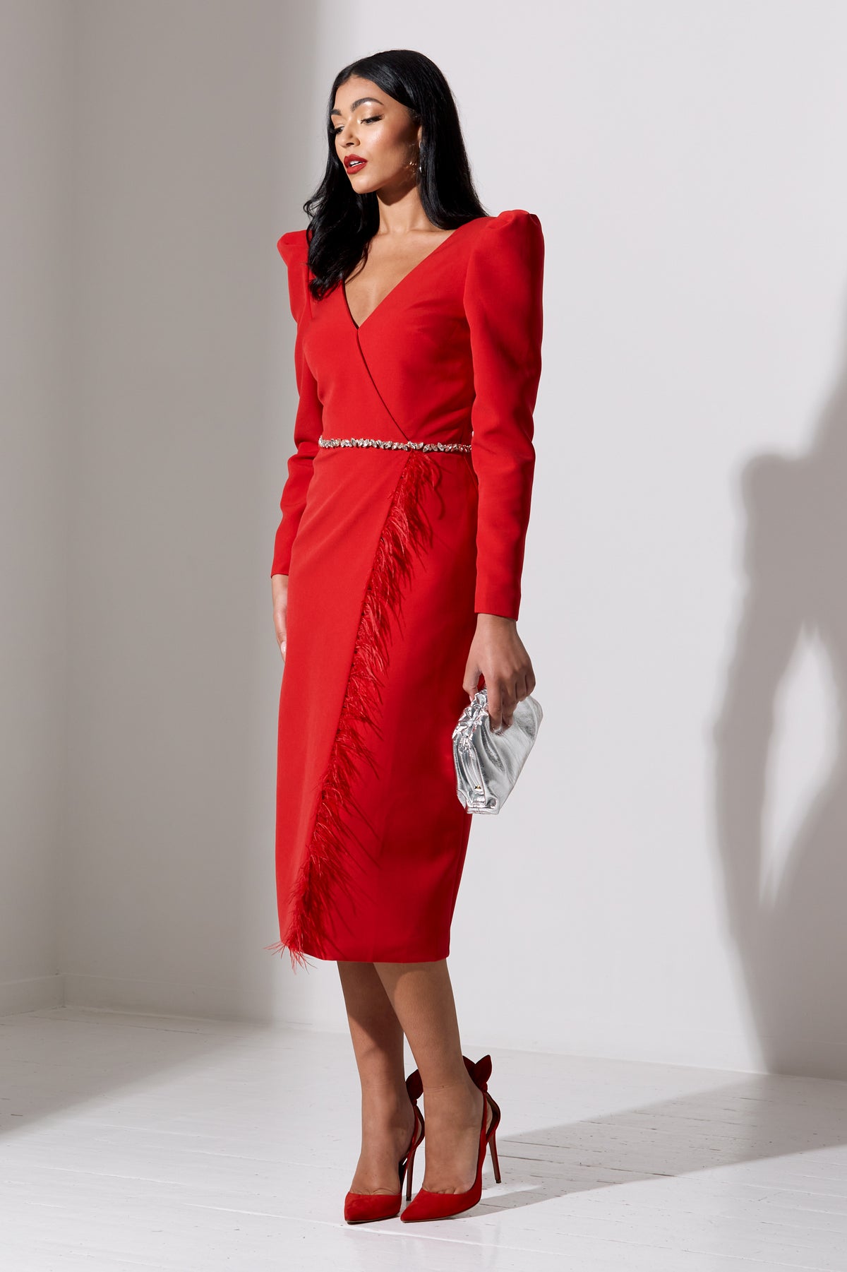 VIVIENNE FEATHER TRIM PUFF SLEEVE DRESS - RED