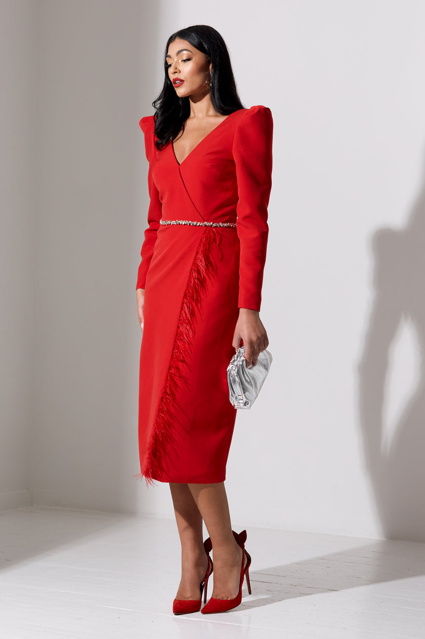 VIVIENNE FEATHER TRIM PUFF SLEEVE DRESS - RED