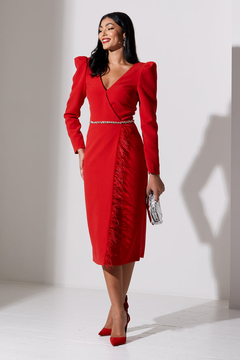 VIVIENNE FEATHER TRIM PUFF SLEEVE DRESS - RED