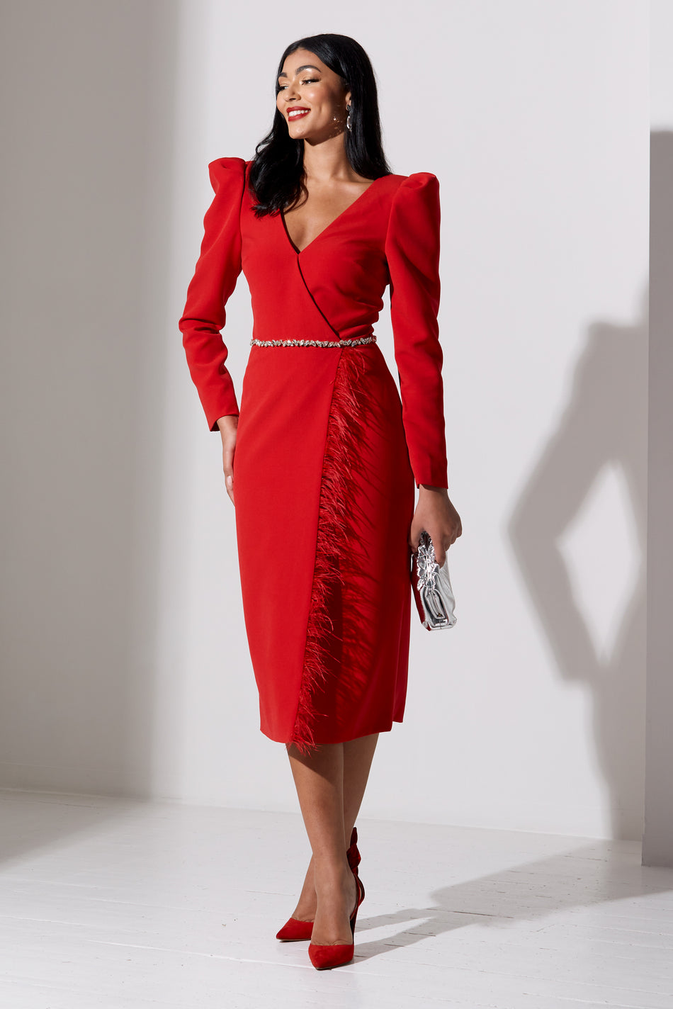 VIVIENNE FEATHER TRIM PUFF SLEEVE DRESS - RED
