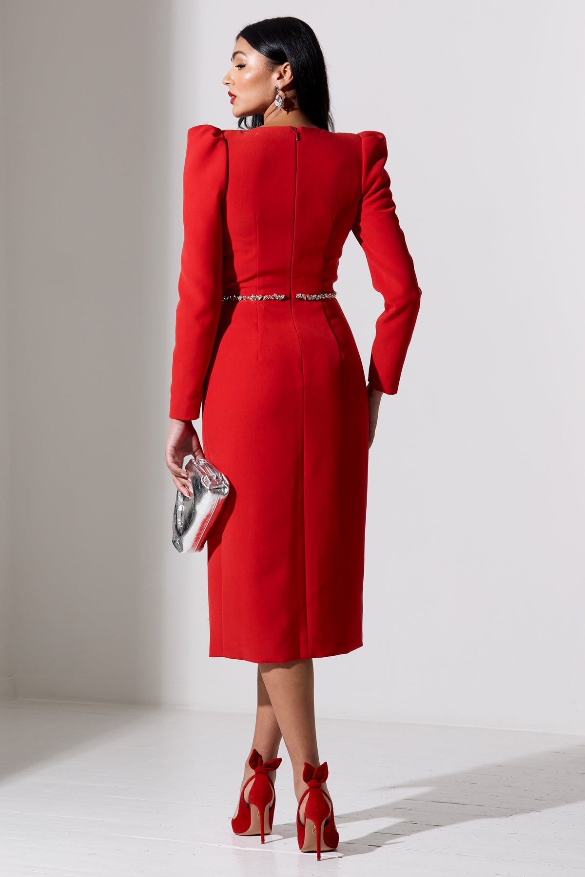VIVIENNE FEATHER TRIM PUFF SLEEVE DRESS - RED