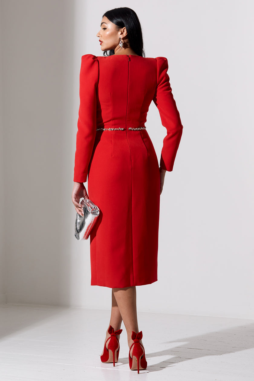 VIVIENNE FEATHER TRIM PUFF SLEEVE DRESS - RED