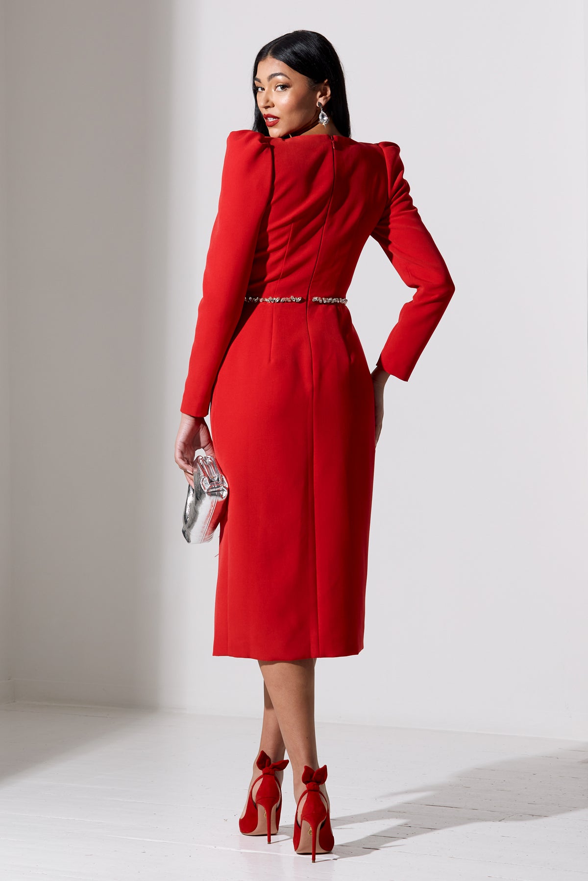 VIVIENNE FEATHER TRIM PUFF SLEEVE DRESS - RED
