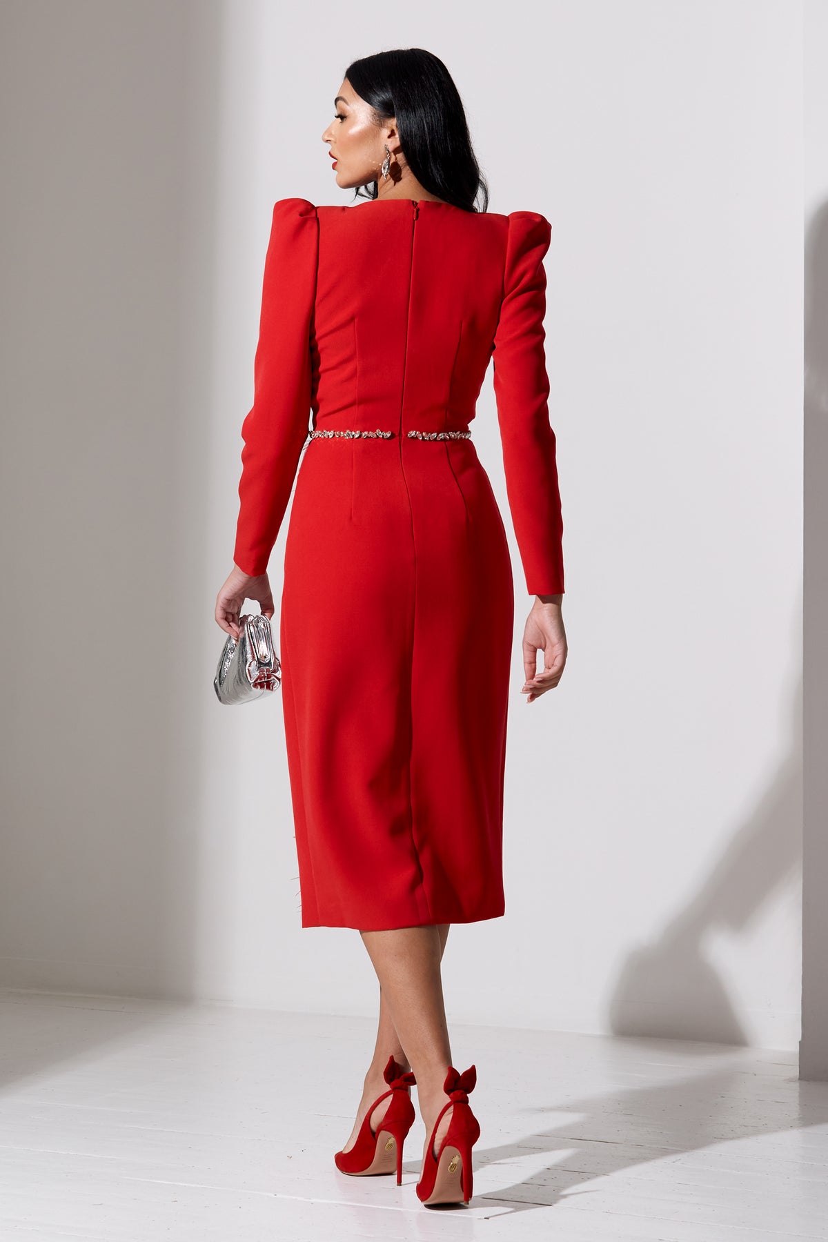 VIVIENNE FEATHER TRIM PUFF SLEEVE DRESS - RED