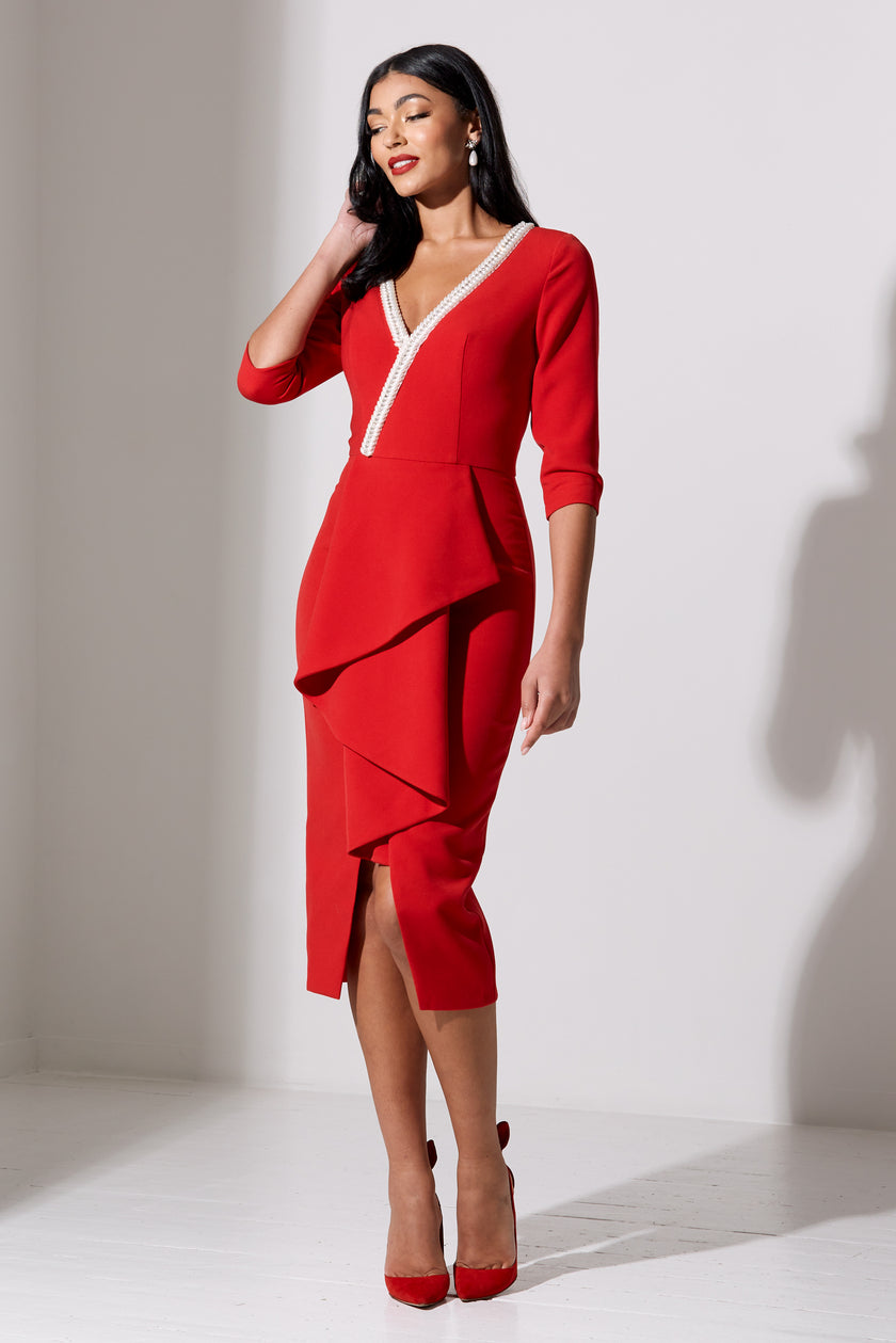 FLORENCE PEARL FRILL FRONT MIDI - RED