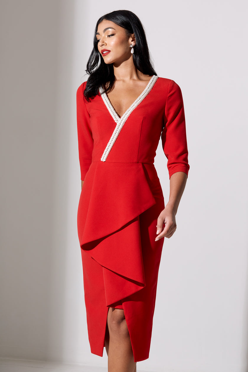 FLORENCE PEARL FRILL FRONT MIDI - RED