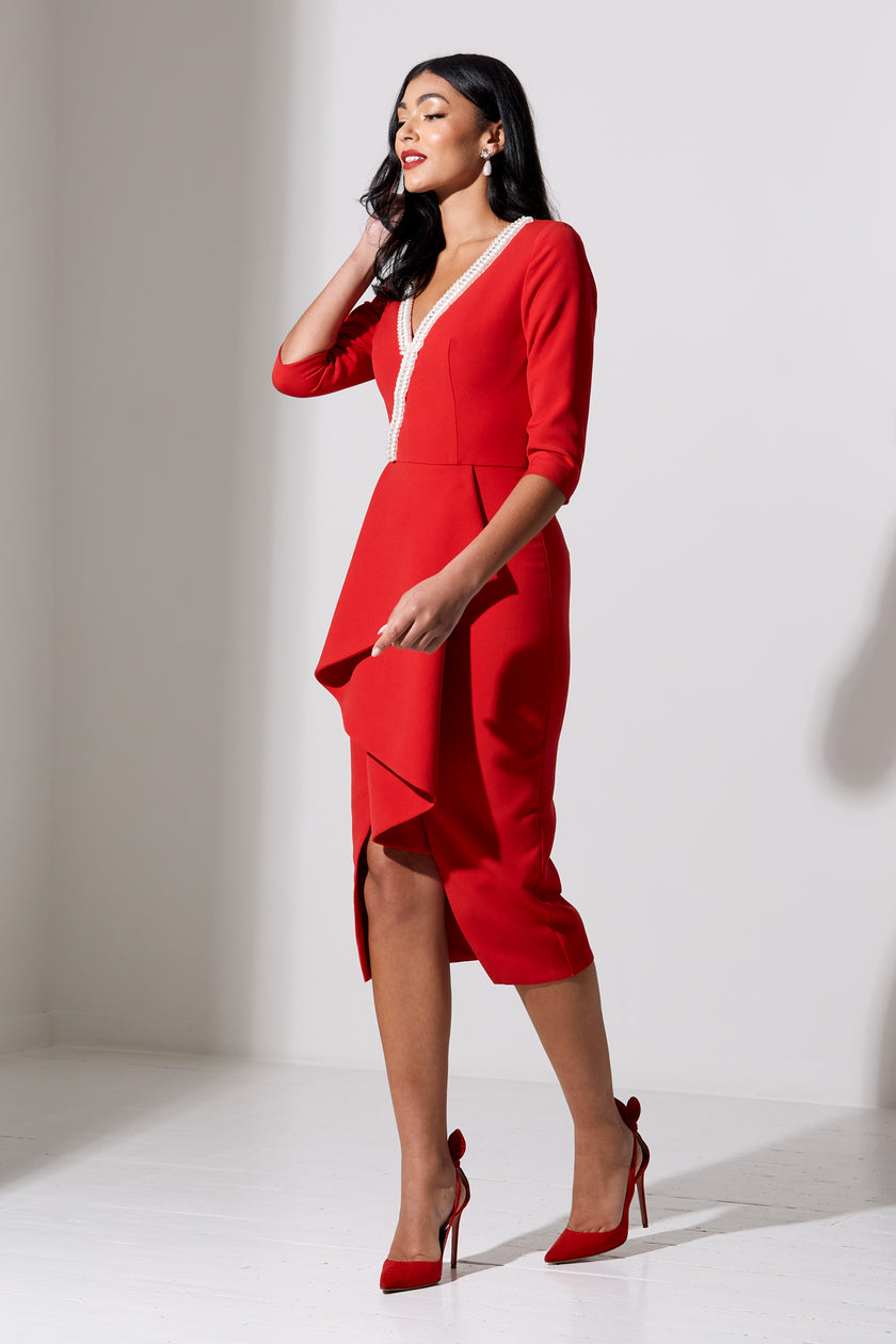 FLORENCE PEARL FRILL FRONT MIDI - RED