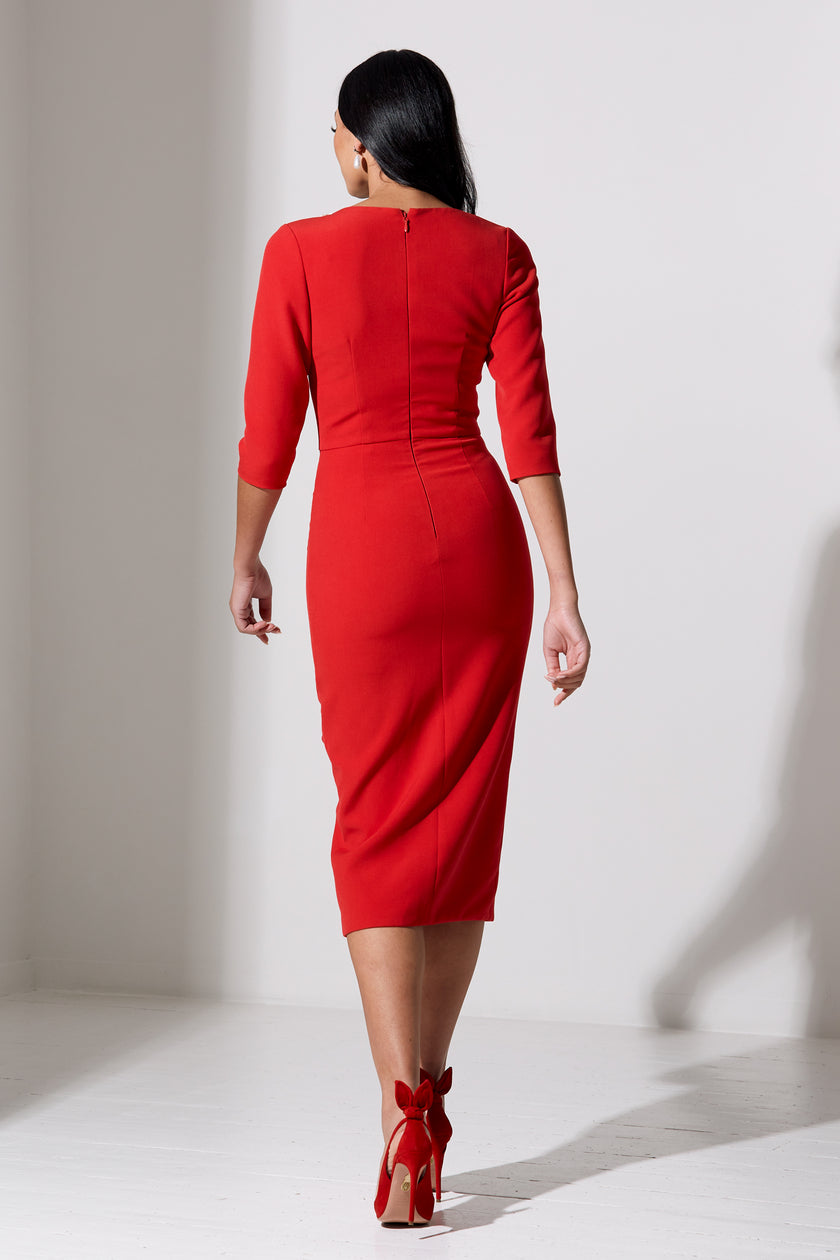 FLORENCE PEARL FRILL FRONT MIDI - RED