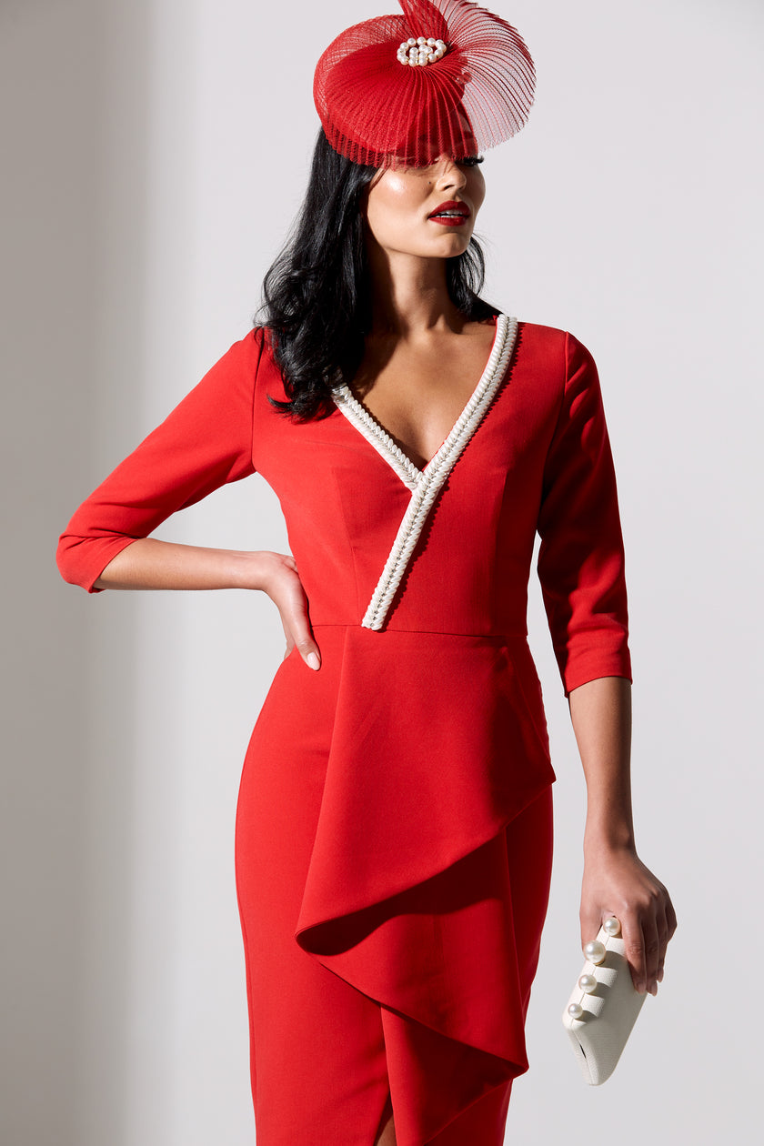 FLORENCE PEARL FRILL FRONT MIDI - RED