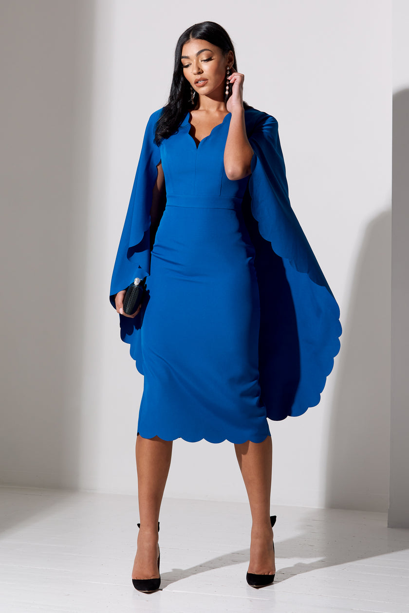 SOPHIA SCALLOP EDGE CAPE MIDI DRESS - COBALT BLUE