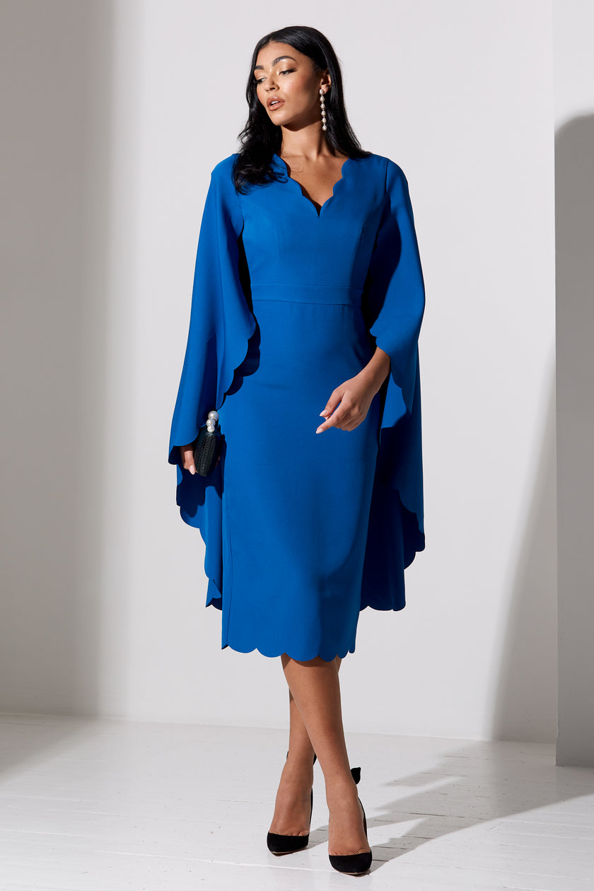 SOPHIA SCALLOP EDGE CAPE MIDI DRESS - COBALT BLUE