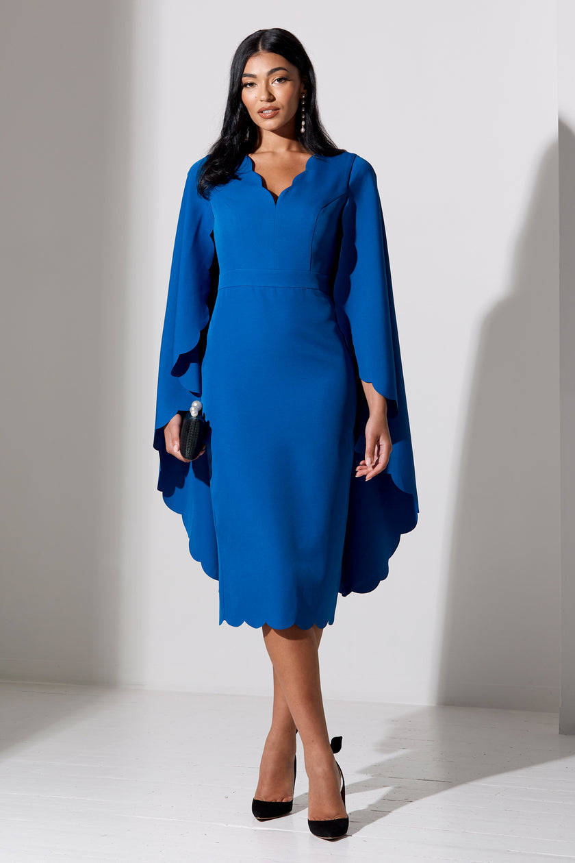 SOPHIA SCALLOP EDGE CAPE MIDI DRESS - COBALT BLUE