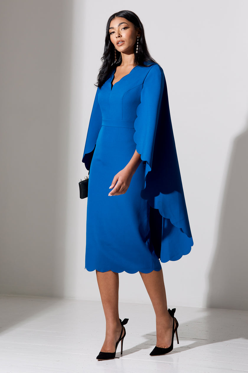 SOPHIA SCALLOP EDGE CAPE MIDI DRESS - COBALT BLUE