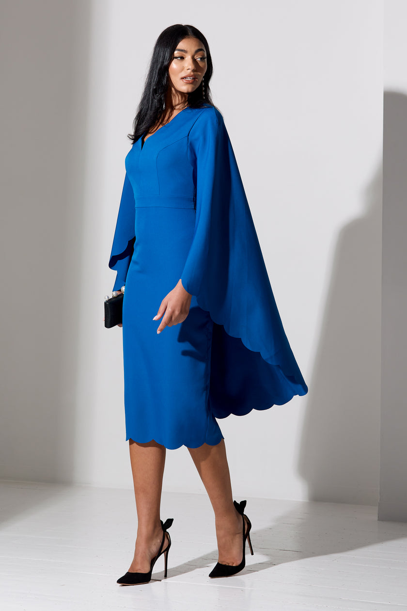 SOPHIA SCALLOP EDGE CAPE MIDI DRESS - COBALT BLUE