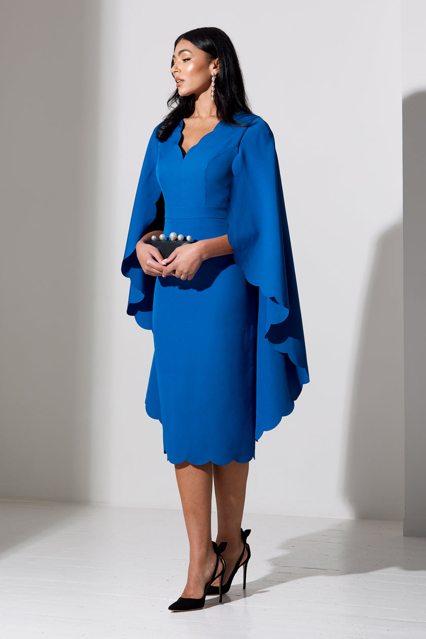 SOPHIA SCALLOP EDGE CAPE MIDI DRESS - COBALT BLUE