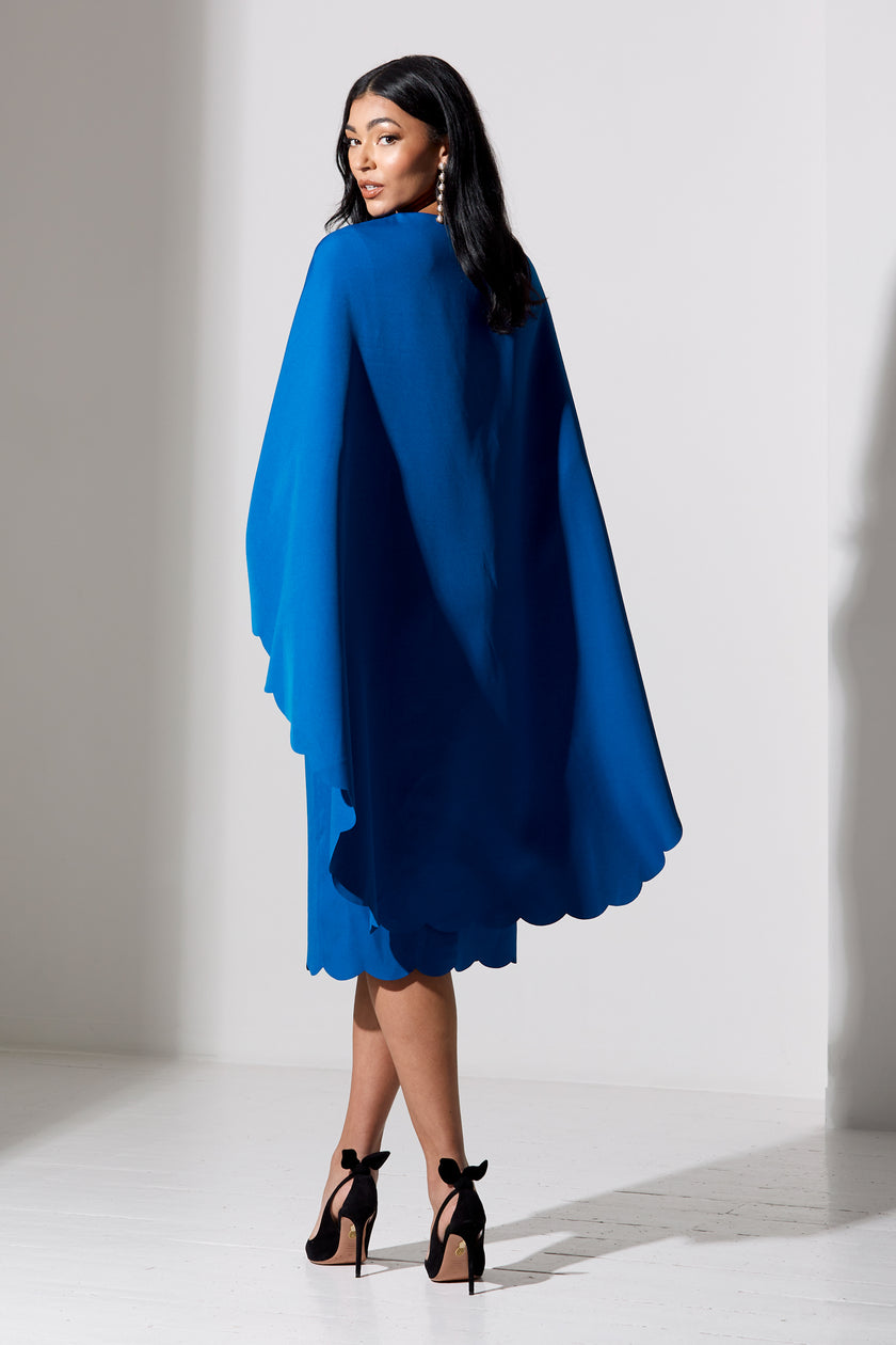 SOPHIA SCALLOP EDGE CAPE MIDI DRESS - COBALT BLUE