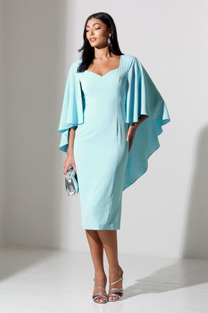 CRISTELLE WATERFALL CAPE MIDI DRESS - AQUA