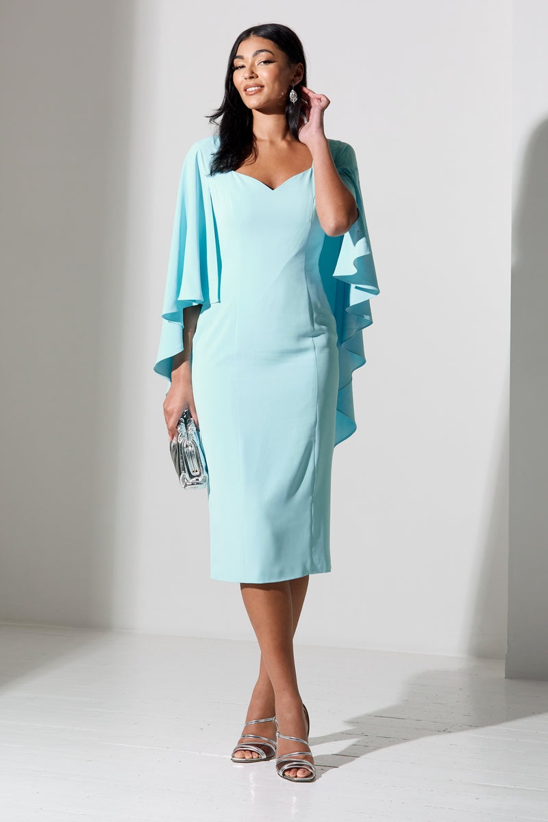 CRISTELLE WATERFALL CAPE MIDI DRESS - AQUA
