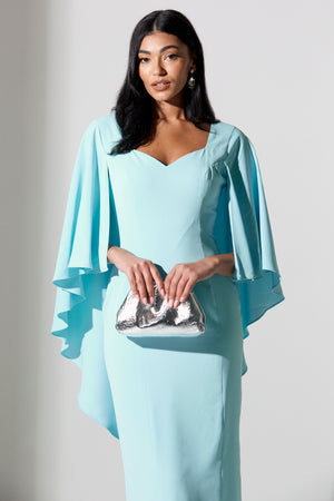 CRISTELLE WATERFALL CAPE MIDI DRESS - AQUA