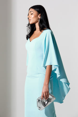 CRISTELLE WATERFALL CAPE MIDI DRESS - AQUA