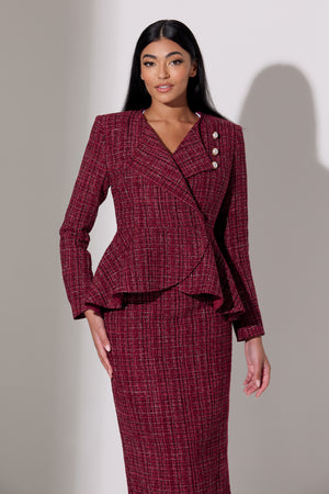 ELIZABETH TWEED PEPLUM SKIRT SUIT - OXBLOOD