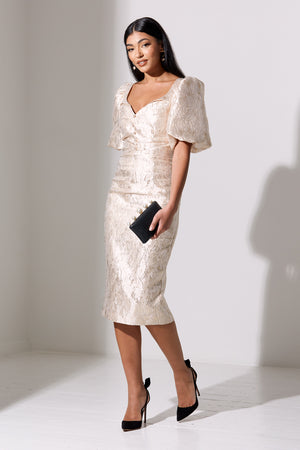 FRANCES PUFF SLEEVE METALLIC MIDI - GOLD