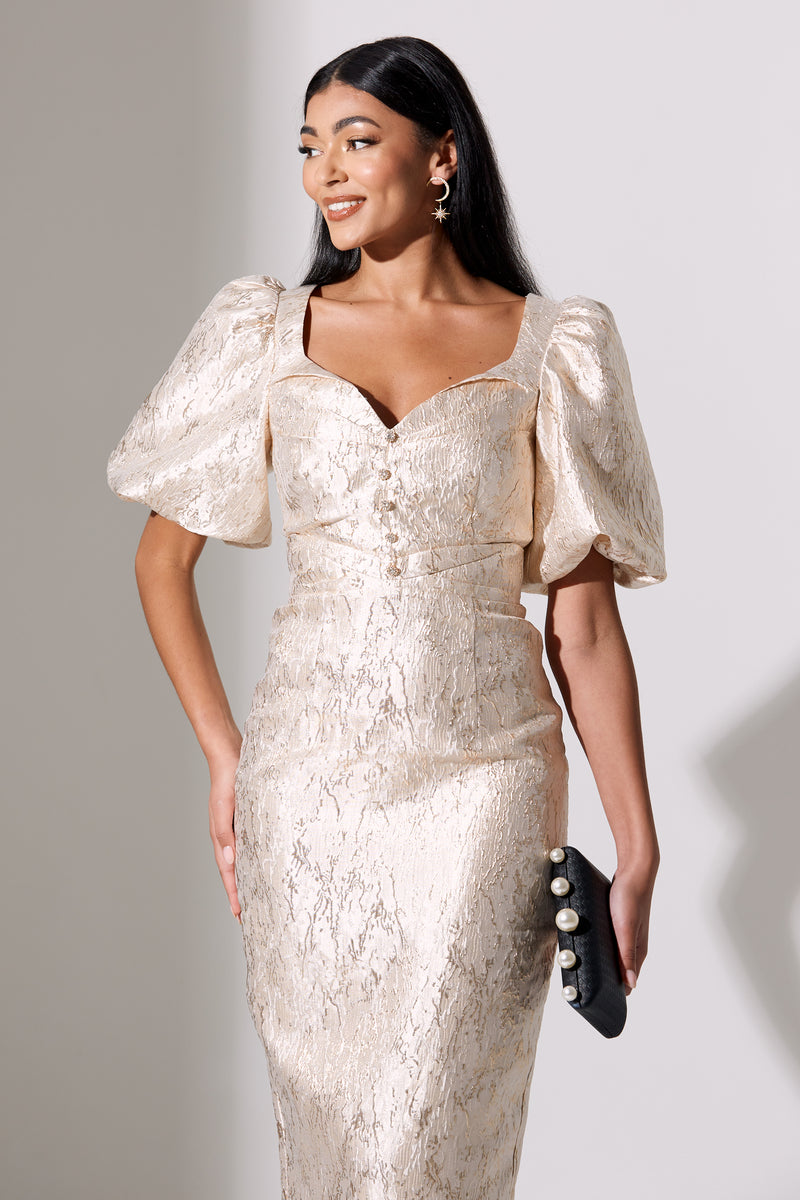 FRANCES PUFF SLEEVE METALLIC MIDI - GOLD