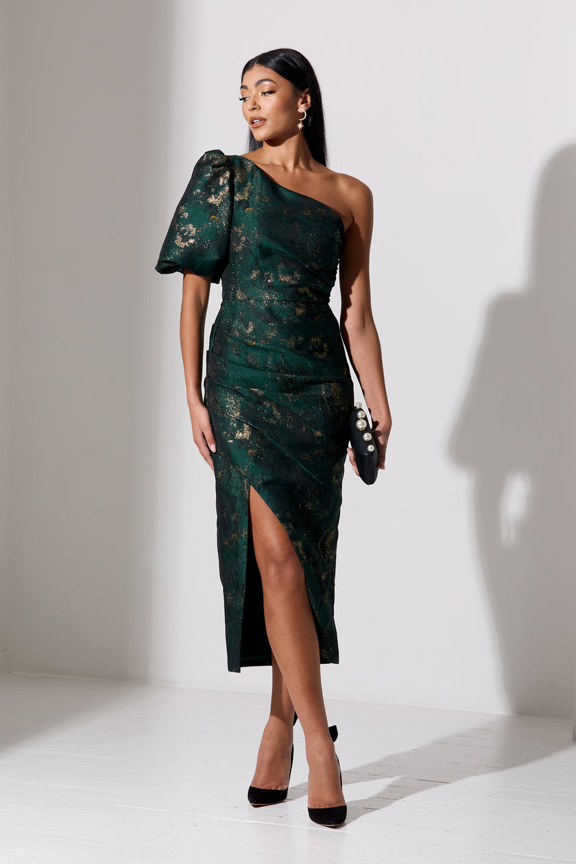 DIANA METALLIC 1 SHOULDER RUCHE MIDI - FOREST GREEN GOLD – 8thsign