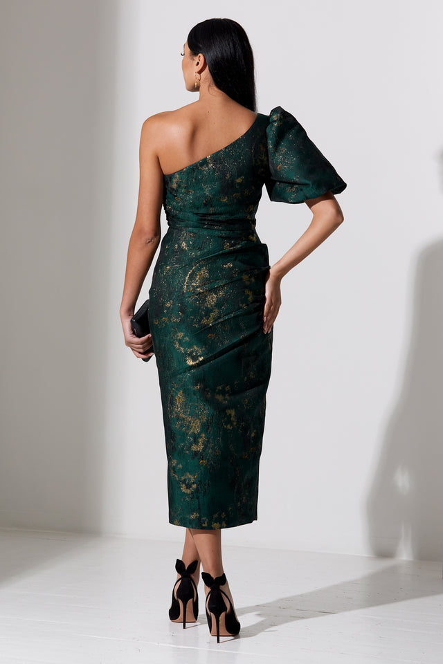 DIANA METALLIC 1 SHOULDER RUCHE MIDI - FOREST GREEN GOLD