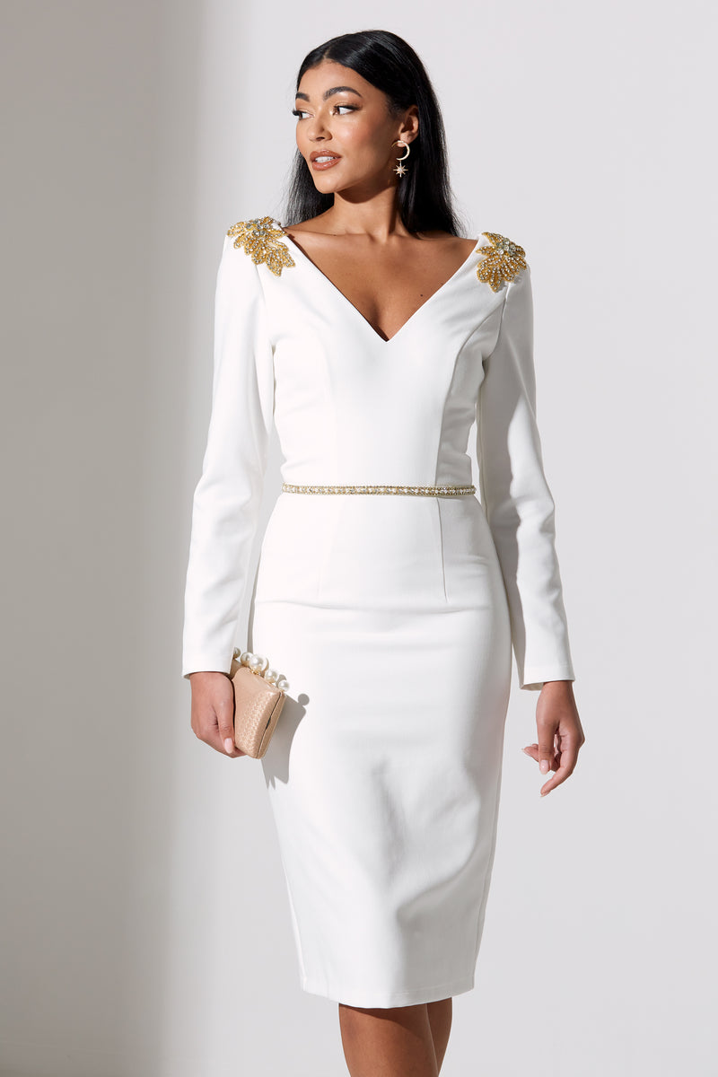 ASTERIA EMBELLISHED SHOULDER COWL BACK MIDI - WHITE
