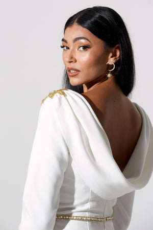 ASTERIA EMBELLISHED SHOULDER COWL BACK MIDI - WHITE