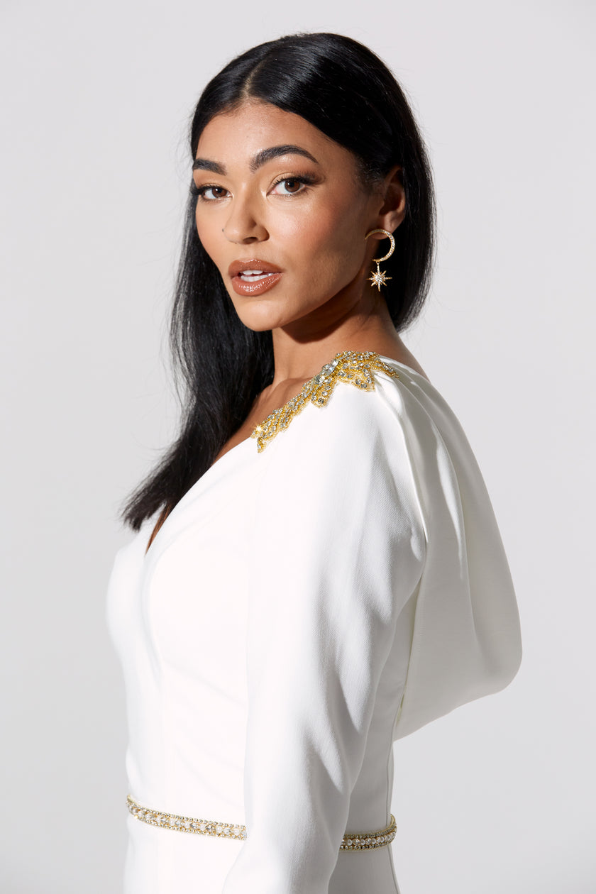 ASTERIA EMBELLISHED SHOULDER COWL BACK MIDI - IVORY