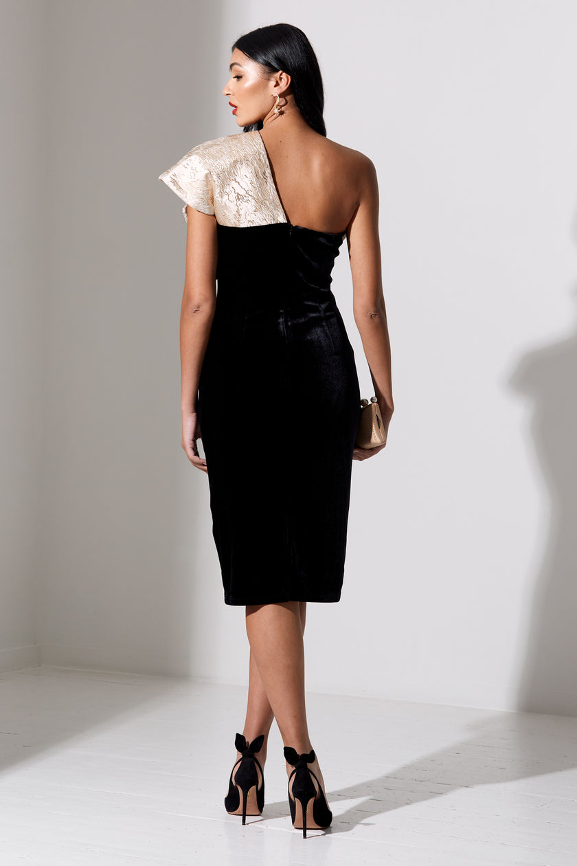 RAPHELITE VELVET JACQUARD BOW DRESS - BLACK GOLD