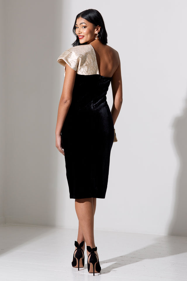 RAPHELITE VELVET JACQUARD BOW DRESS - BLACK GOLD