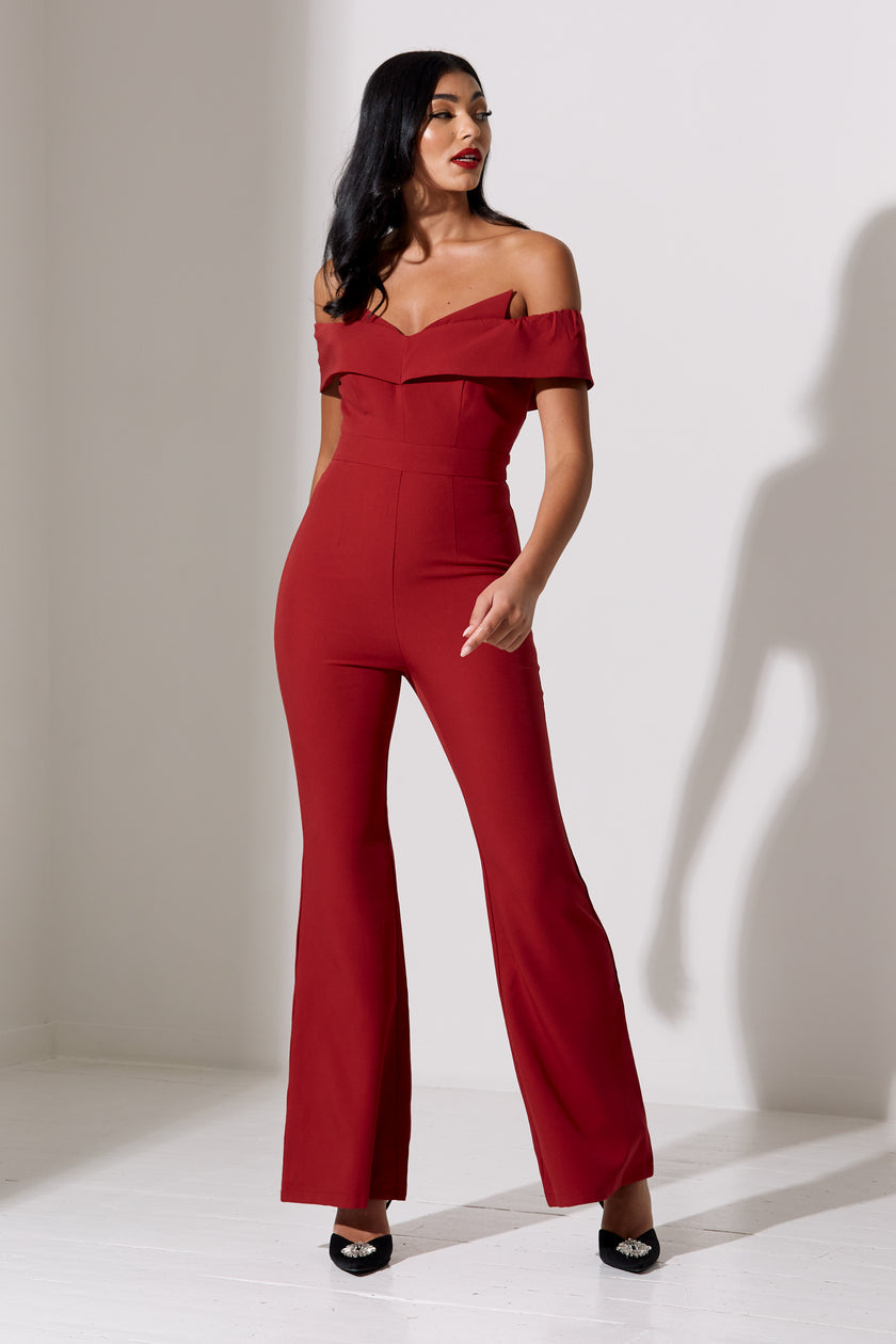 CHELSEA BARDOT FLARE JUMPSUIT - OXBLOOD RED