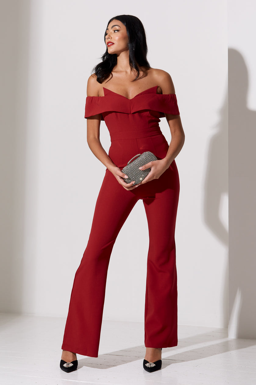 CHELSEA BARDOT FLARE JUMPSUIT - OXBLOOD RED