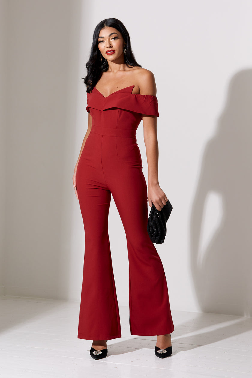 CHELSEA BARDOT FLARE JUMPSUIT - OXBLOOD RED