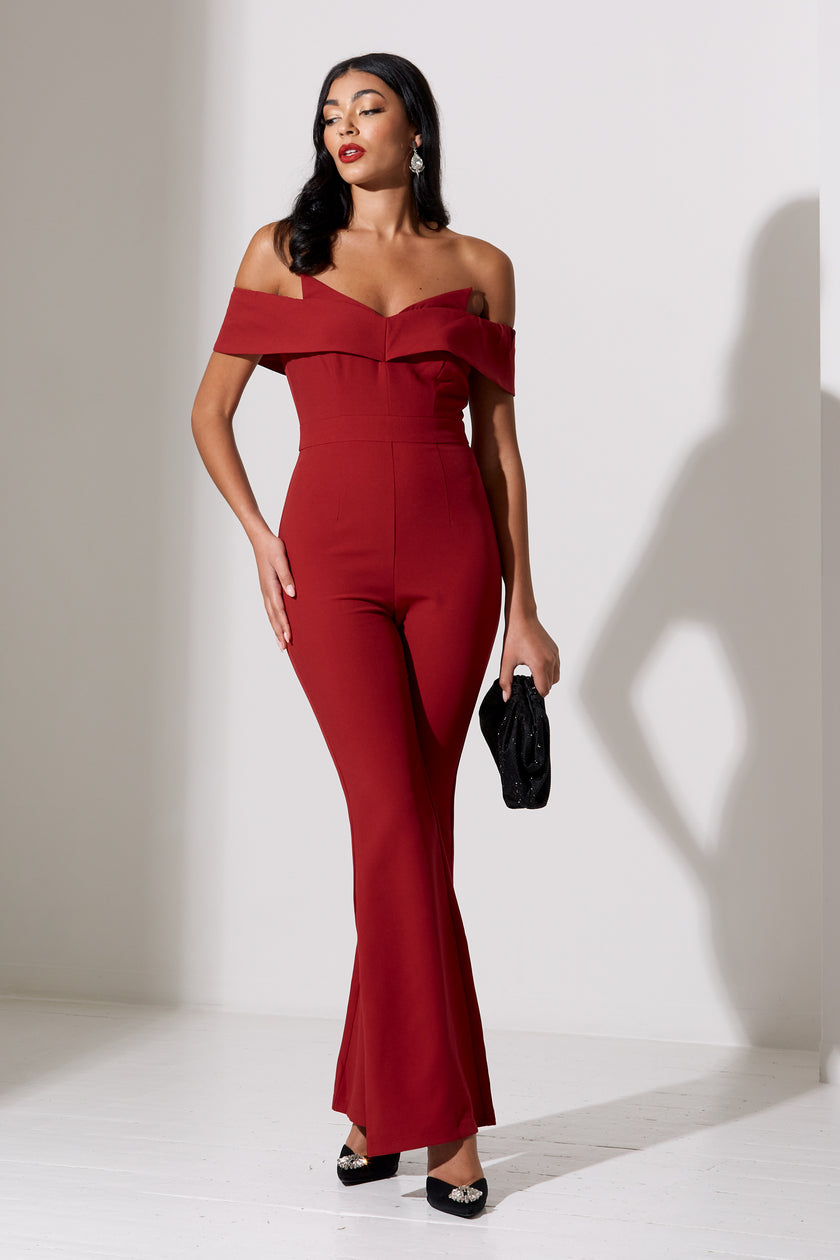 CHELSEA BARDOT FLARE JUMPSUIT - OXBLOOD RED