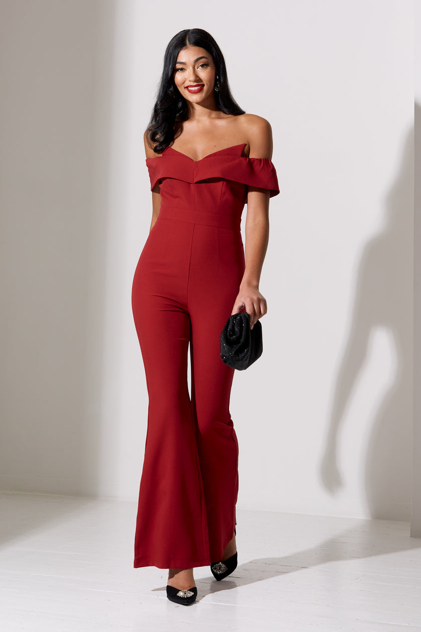 CHELSEA BARDOT FLARE JUMPSUIT - OXBLOOD RED