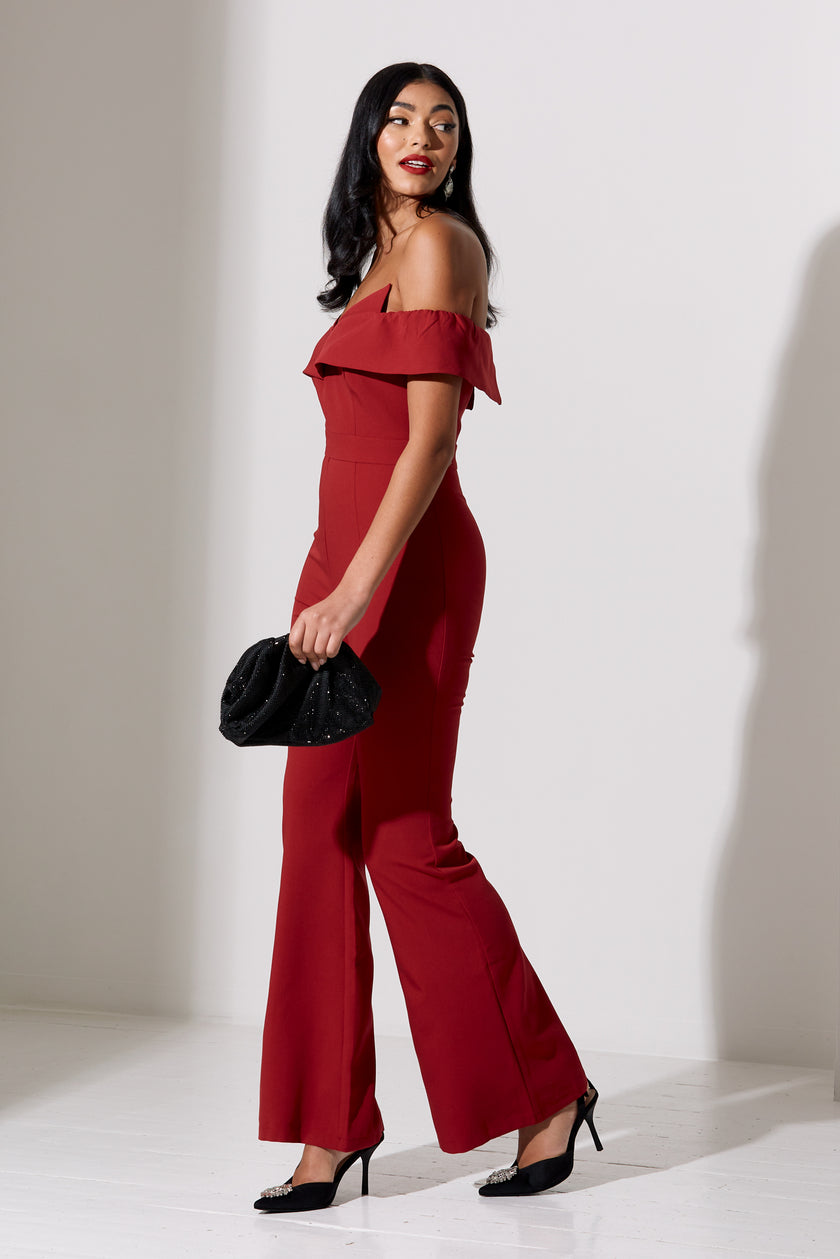 CHELSEA BARDOT FLARE JUMPSUIT - OXBLOOD RED