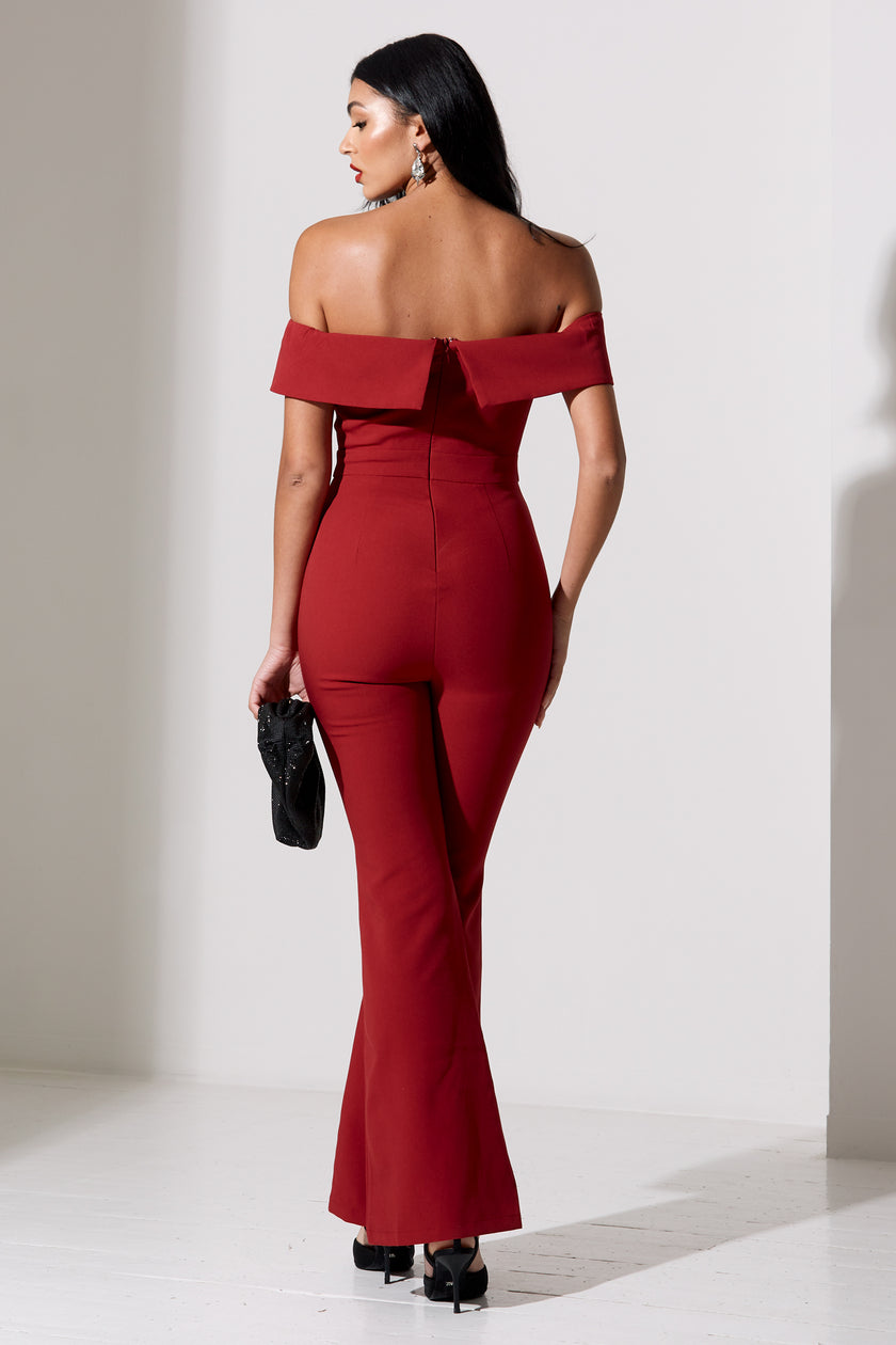 CHELSEA BARDOT FLARE JUMPSUIT - OXBLOOD RED