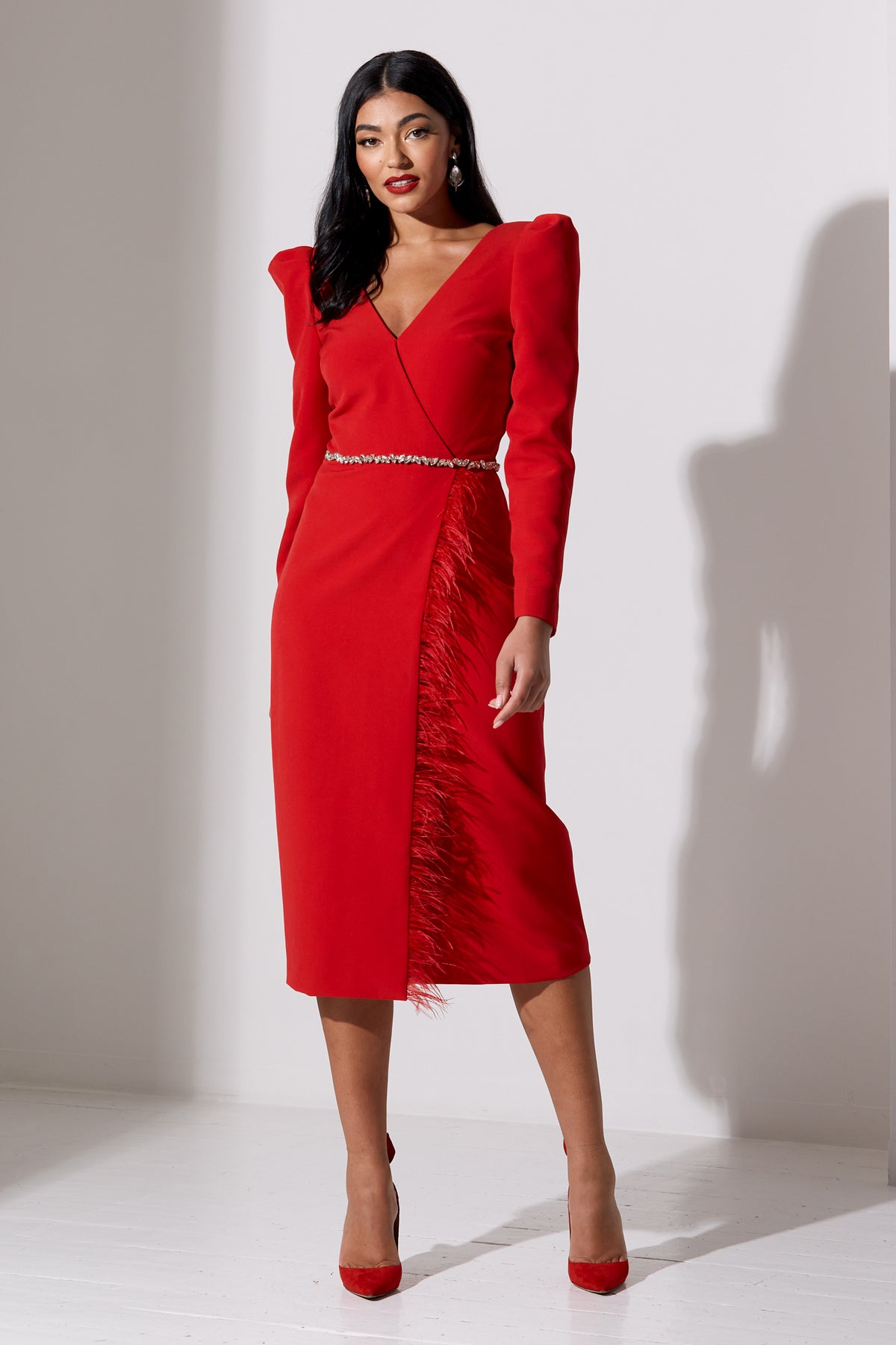 VIVIENNE FEATHER TRIM PUFF SLEEVE DRESS - RED